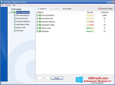 Screenshot Auslogics Registry Cleaner untuk Windows 8.1