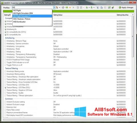 Screenshot NVIDIA Inspector untuk Windows 8.1